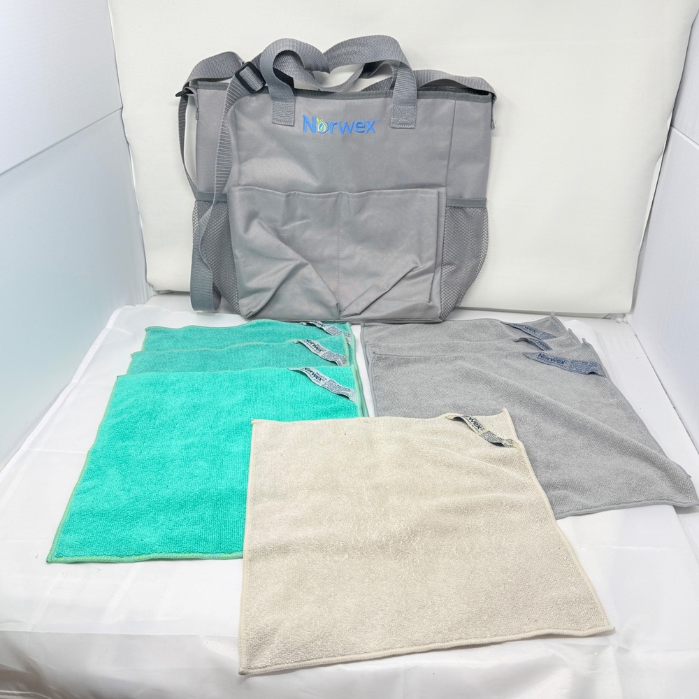 Norwex BacLock Body and Face Microfiber Cloth Set of 7 with Grey Organizer Tote